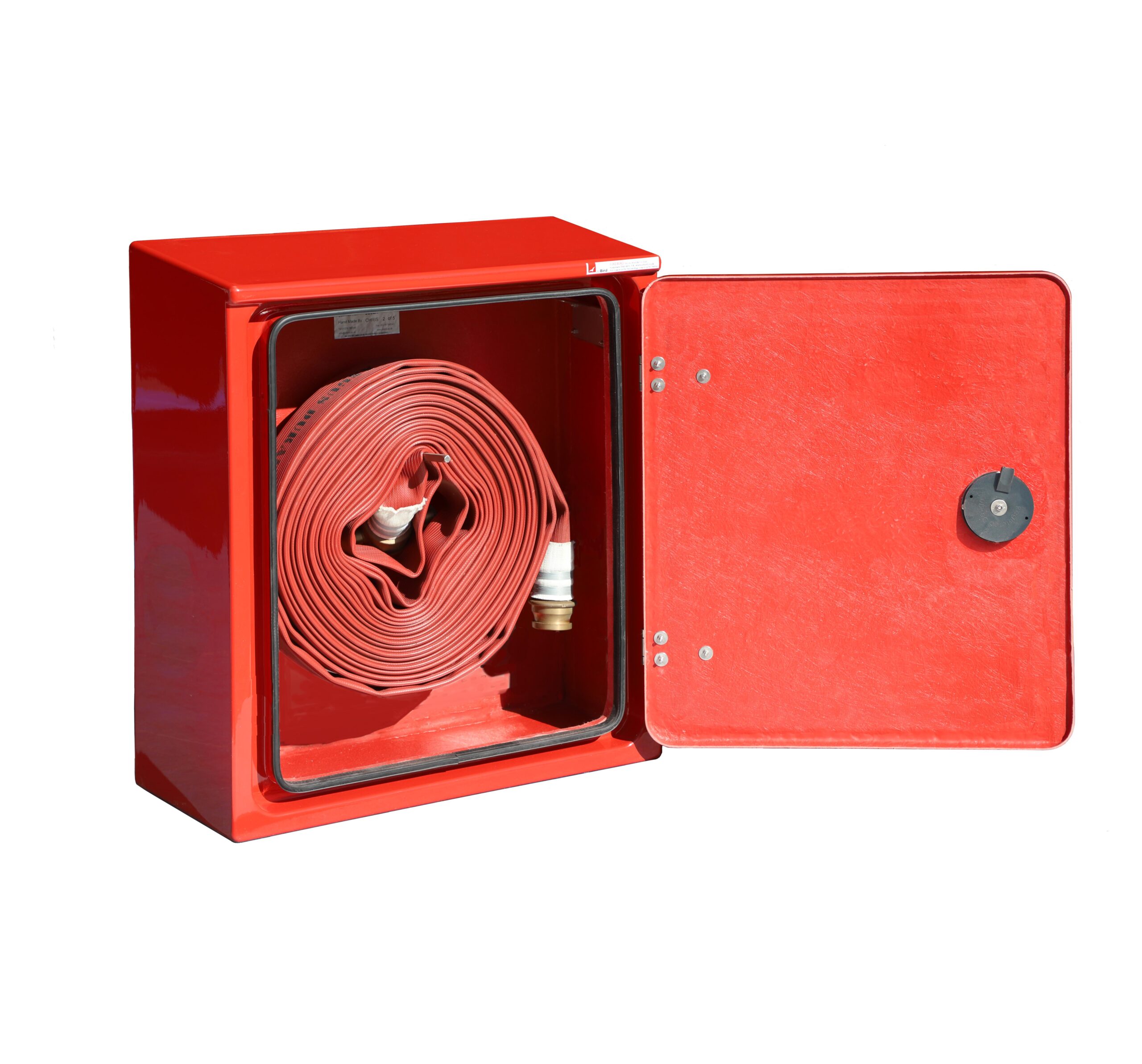 JB02HR fire hose cabinet by Jo Bird. Shown with door open and fire hoses fitted