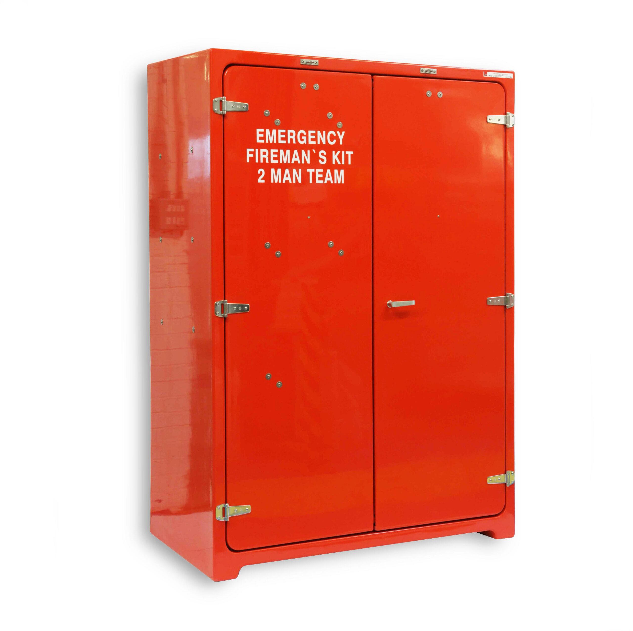Fire fighter's equipment cabinet shown in red with door closed.