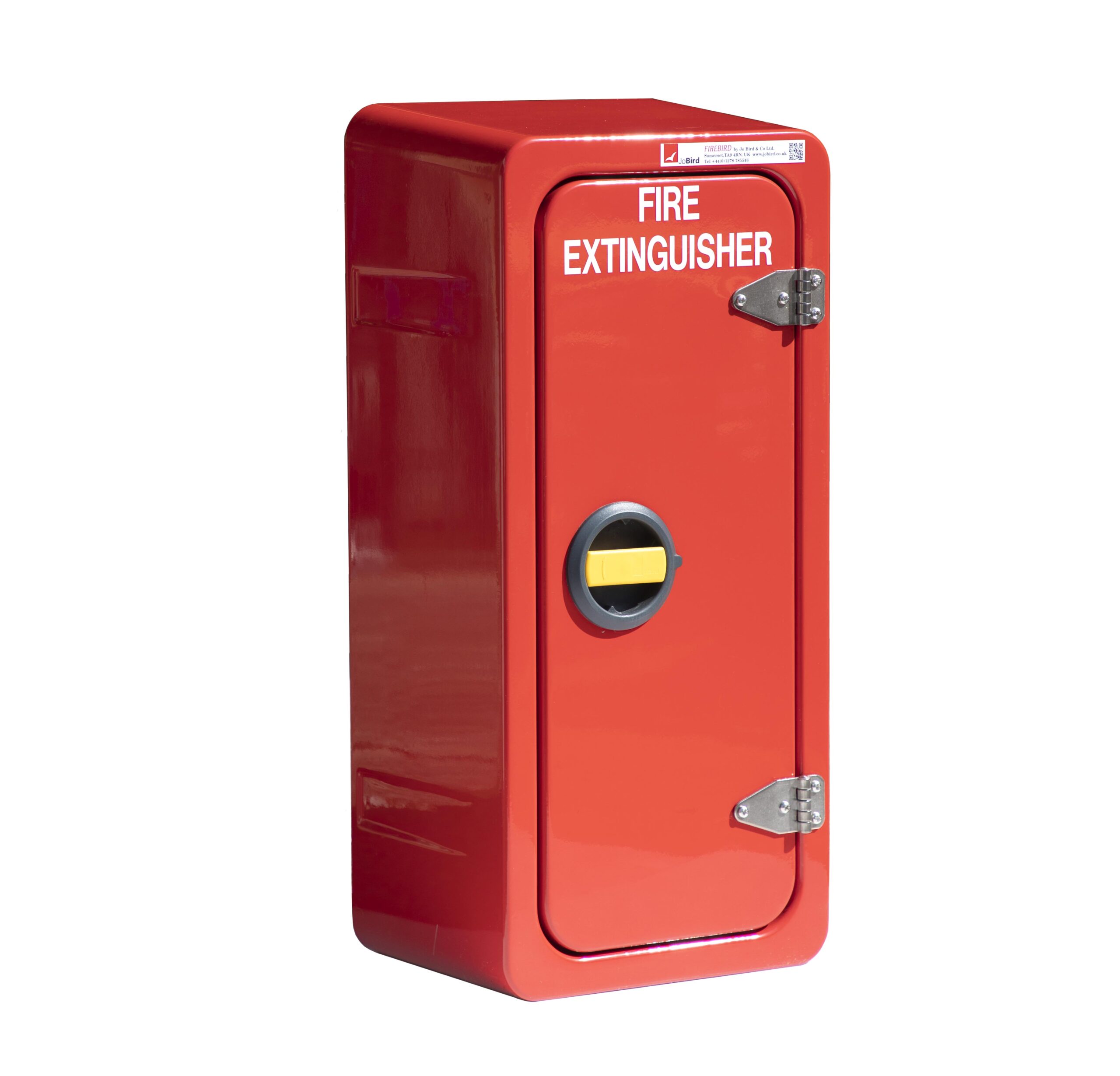 JB82S Fire extinguisher cabinet by Jo Bird. Shown with the popular option of 316 stainless steel hinges