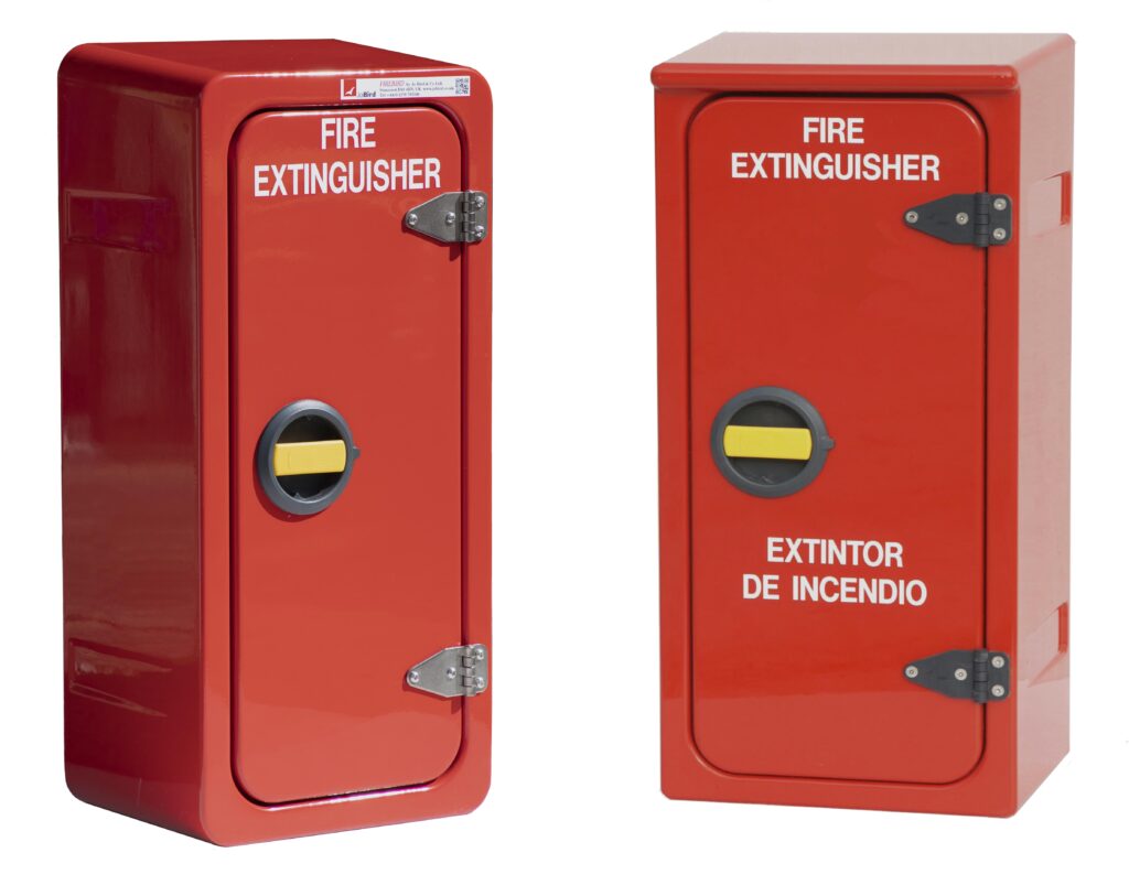 The new and old versions of the popular JB82 fire extinguisher cabinets by Jo Bird
