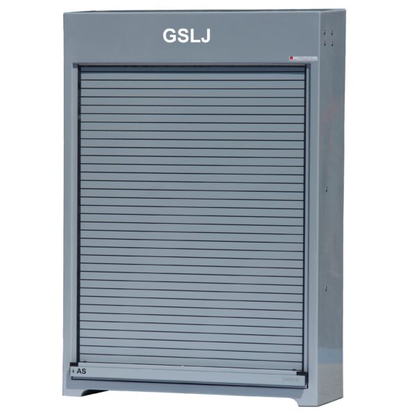 RS300LJ automatic lifejacket cabinet by Jo Bird. Shown in grey RAL 7024