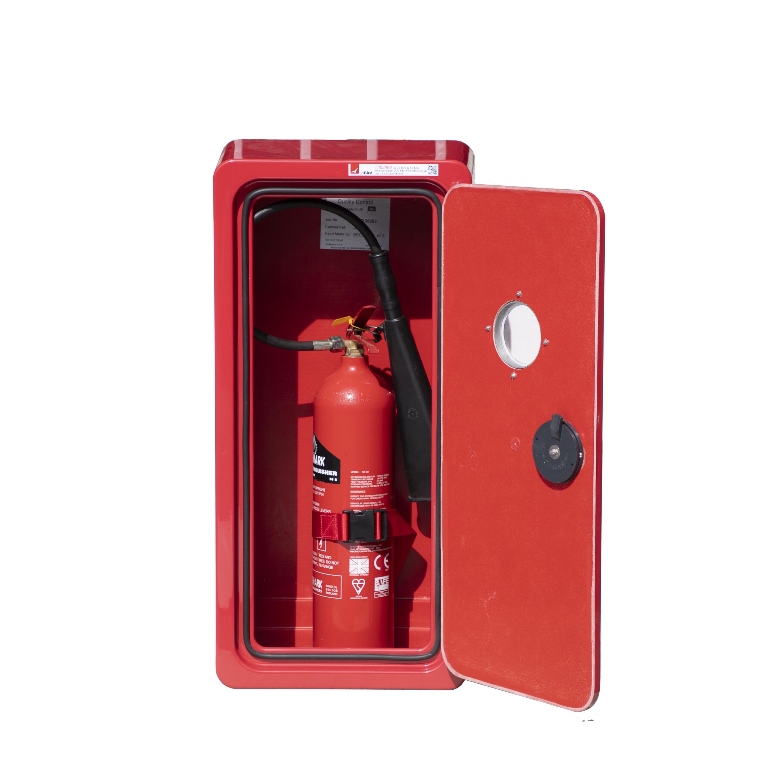 JB84S Fire extinguisher cabinet with window. Shown with door open and a fire extinguisher inside