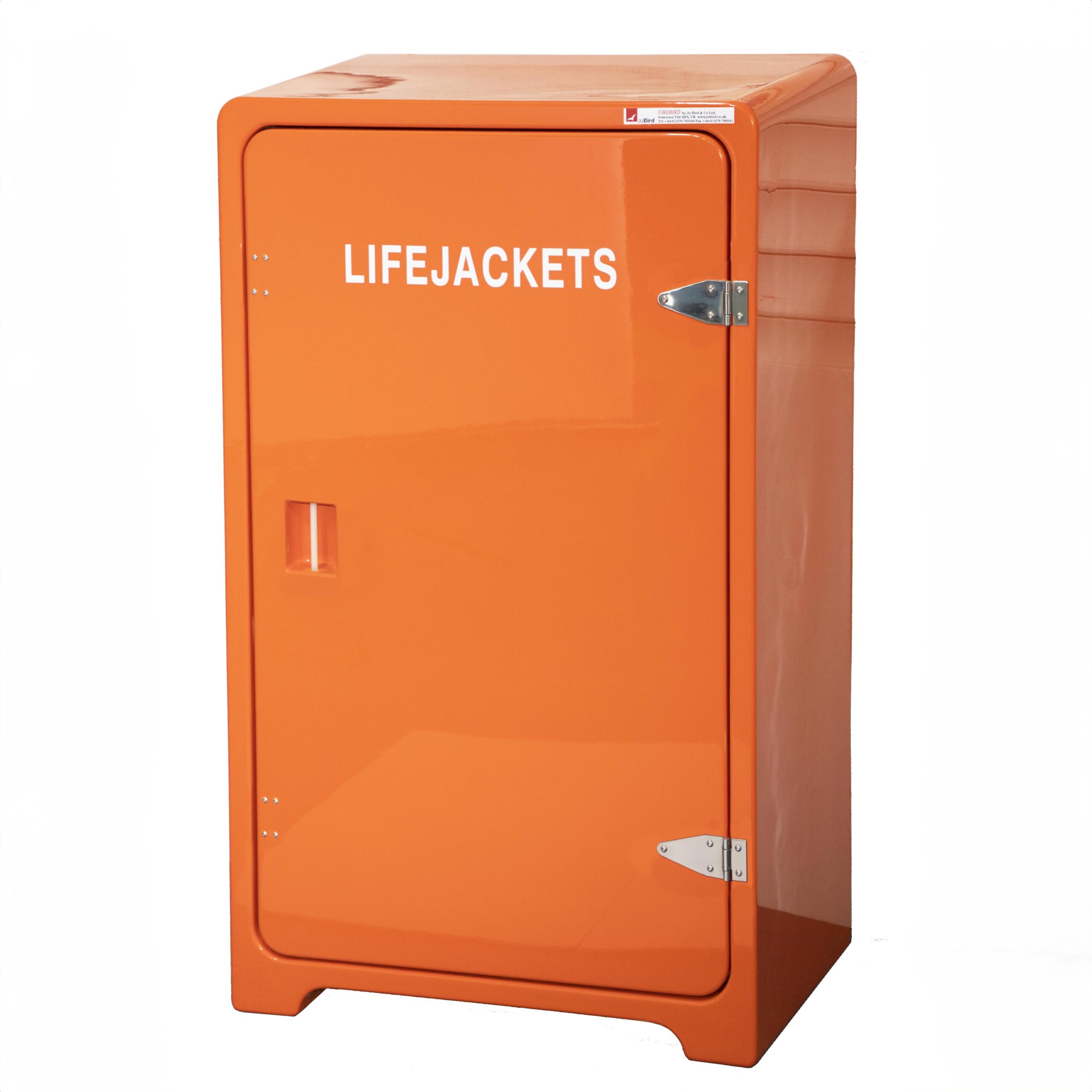 JB08LJ 2023 Door closed w 220823 JB08LJSLifejacket cabinet by Jo Bird shown in orange RAL 2009