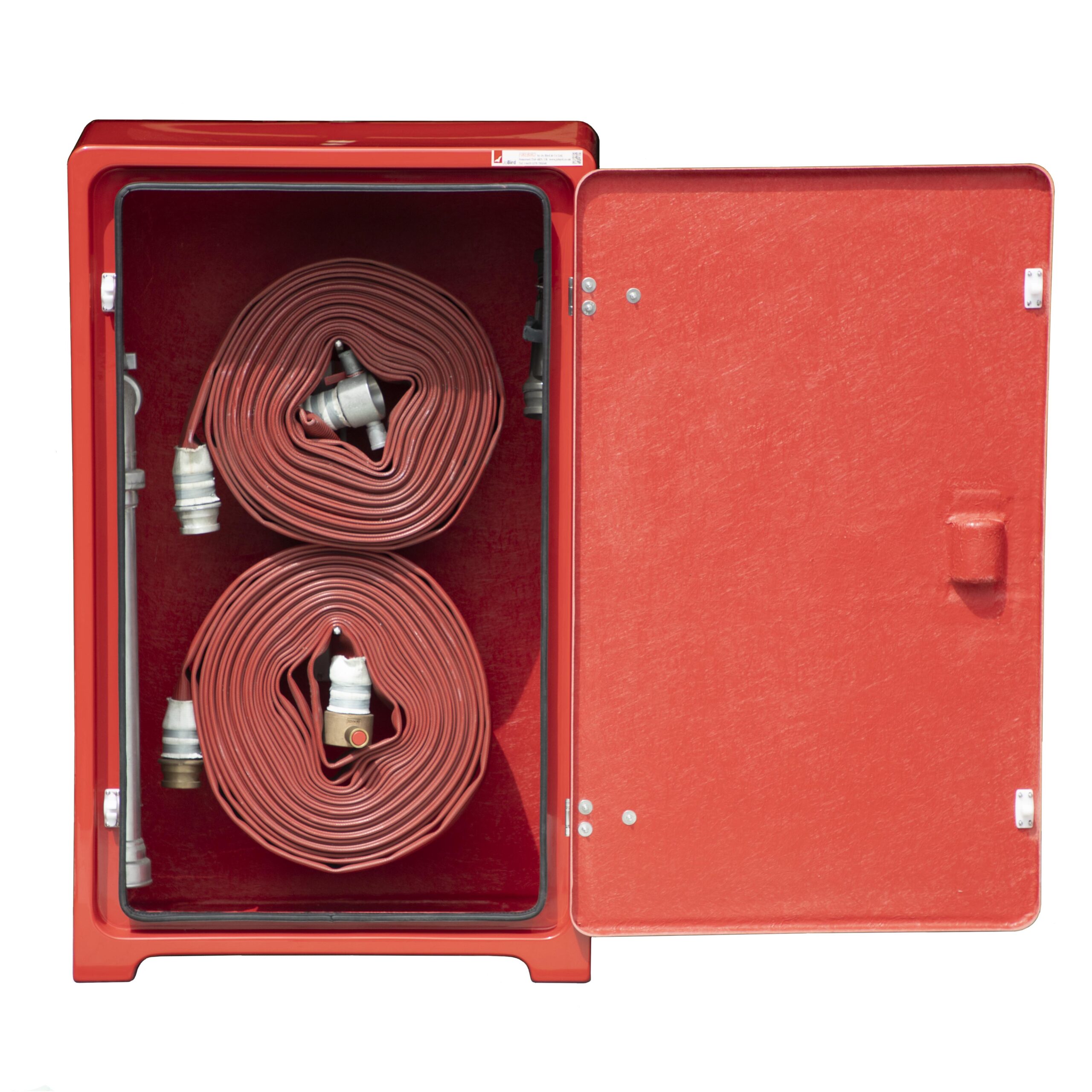 JB08H Fire hose cabinet by Jo Bird. This image shows how up to four fire hoses and accessories, are stored inside. These are held in place by 316 stainless steel hose pins and nozzle brackets as can be seen in the photo.