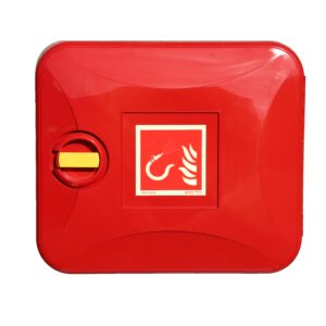 Front view of the SOS300 fire hose cabinet by Jo Bird. This shows the high quality finish and features the photoluminescent IMO apprroved fire hose label which is now supplied as standard.