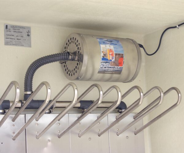 Close up of Pronomar warm air dryer and tops of rails