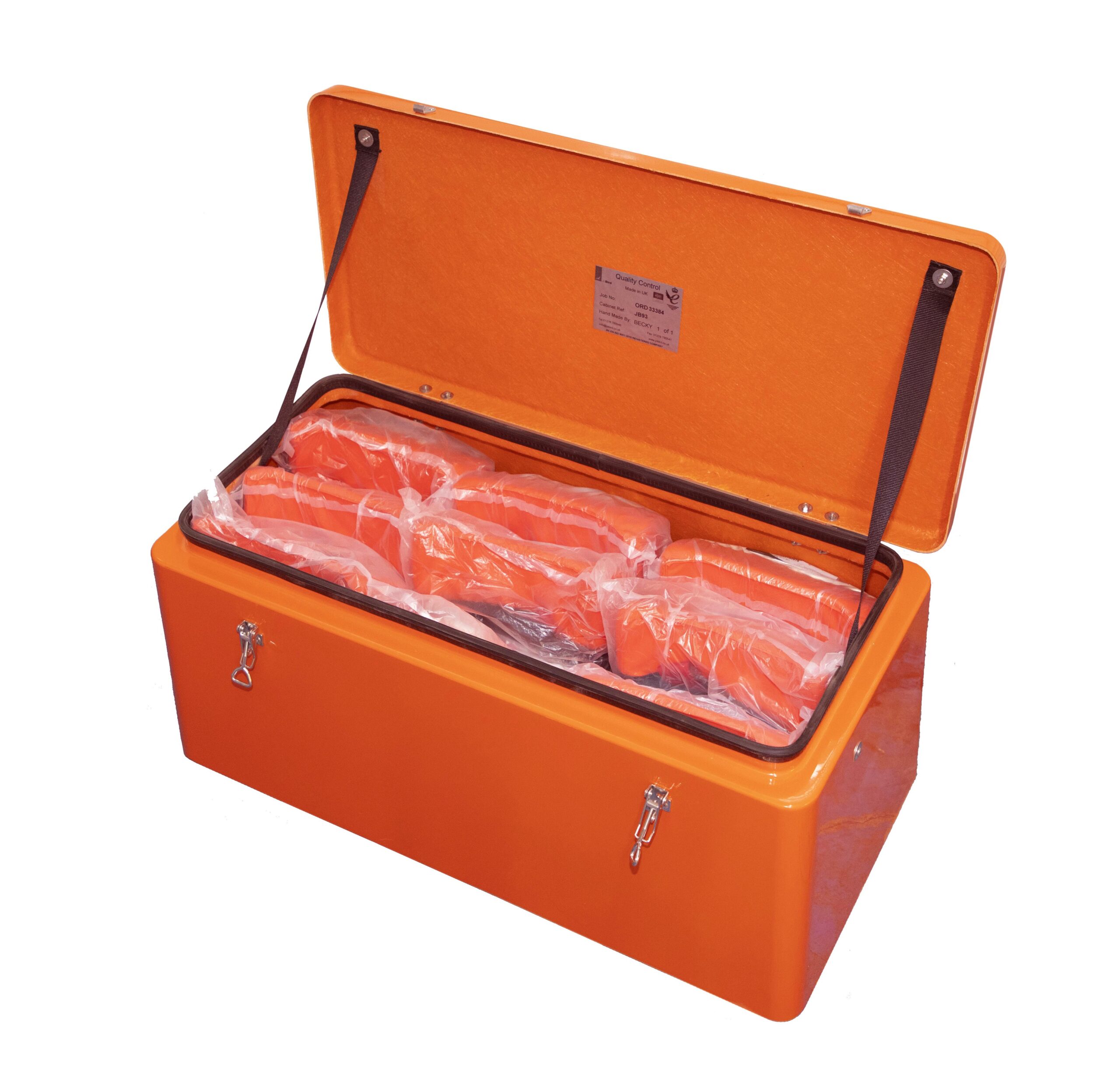 JB93 life jacket chest by Jo Bird shown with 9 foam filled life jackets