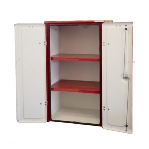 The JB18 Personal escape kit cabinet shown with the doors open. Inside you can see the white flame retardant finish and the shelves for convenient storage of the bags. The 3 way door locking system can be seen on the right hand door. These doors interlock for additional security and ease of access.