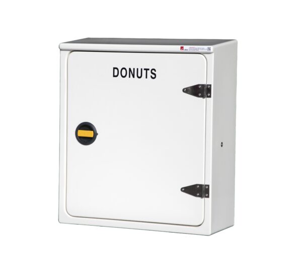JB02R cabinet by Jo Bird in white RAL 9010 and labelled "Donuts"