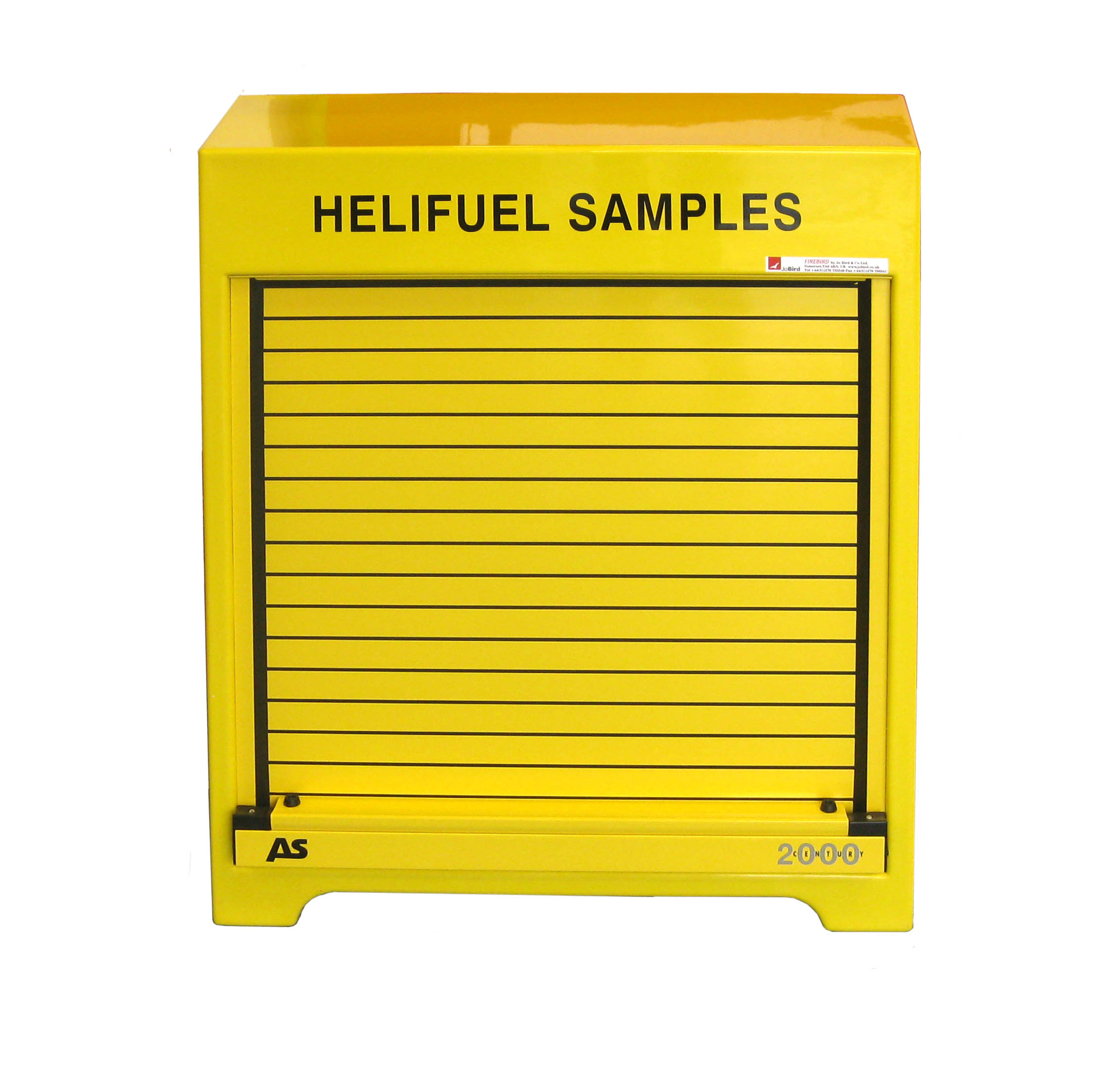 RS100Heli fuel sample cabinet by Jo Bird. Shown with roller door closed.