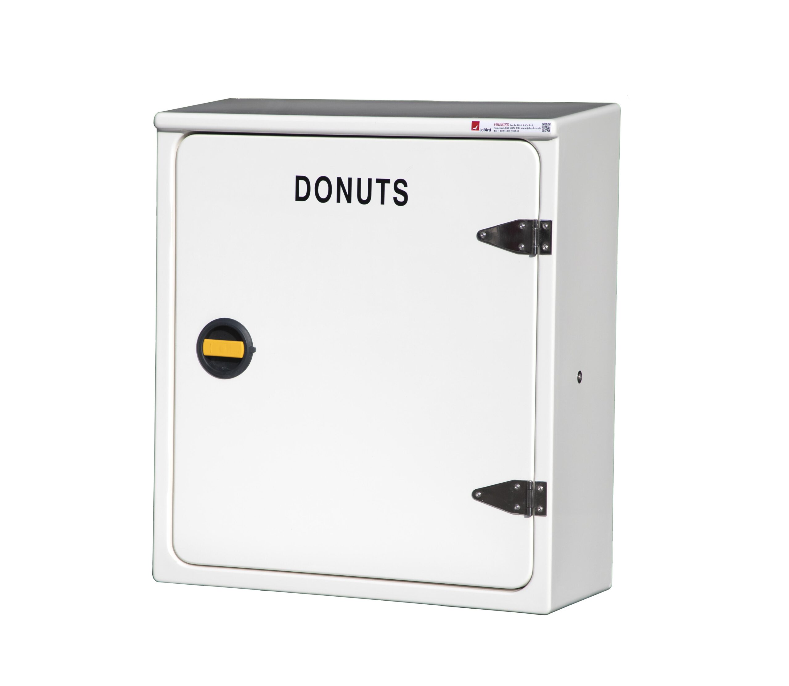 JB02R cabinet by Jo Bird in white RAL 9010 and labelled "Donuts"