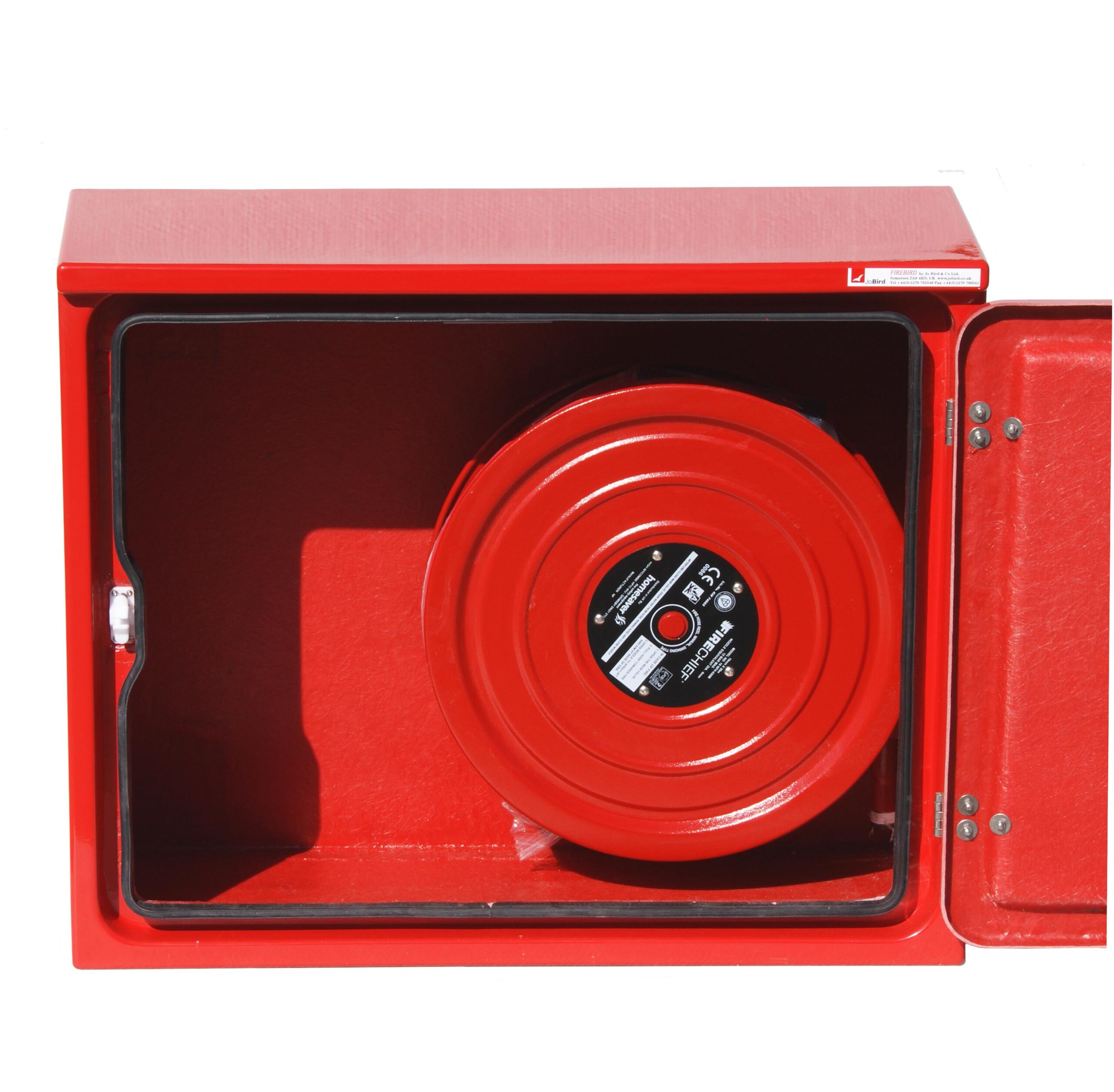 JB54 Fire hose reel cabinet fitted with a swinging fire hose assembly