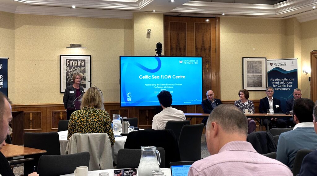 Professor Deborah Greaves OBE presenting one of the fascinating presentations about floating offshore wind in the Celtic sea. To the side is the expert panel from the Universities and Welsh Government.