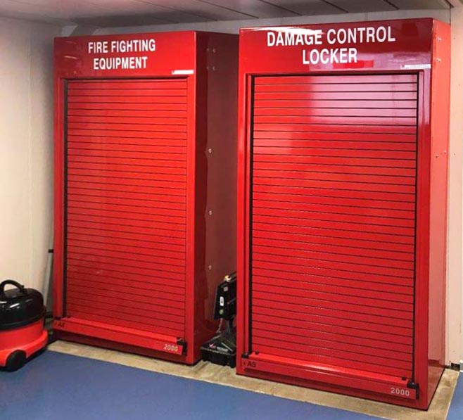 RS450 FFE and DC cabinets on a military vessel with roller door s closed.
