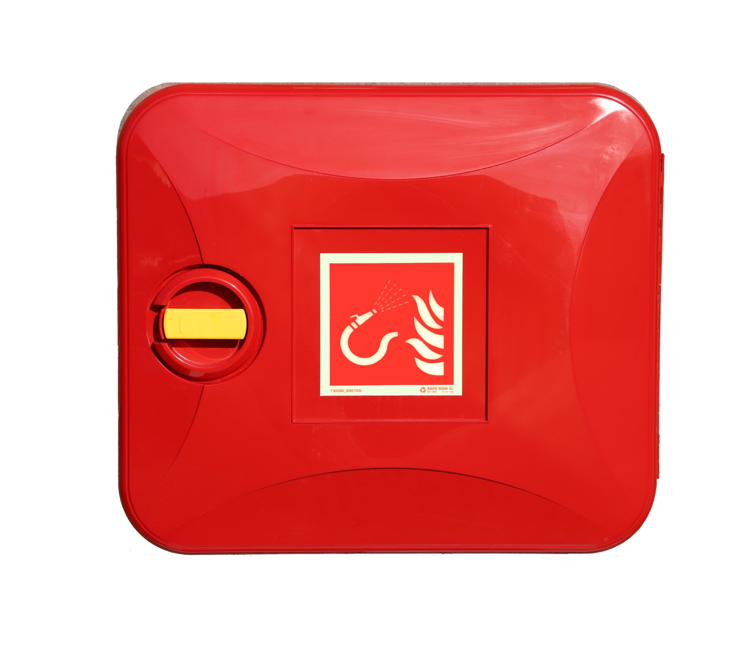 Front view of the SOS300 fire hose cabinet by Jo Bird. This shows the high quality finish and features the photoluminescent IMO apprroved fire hose label which is now supplied as standard.