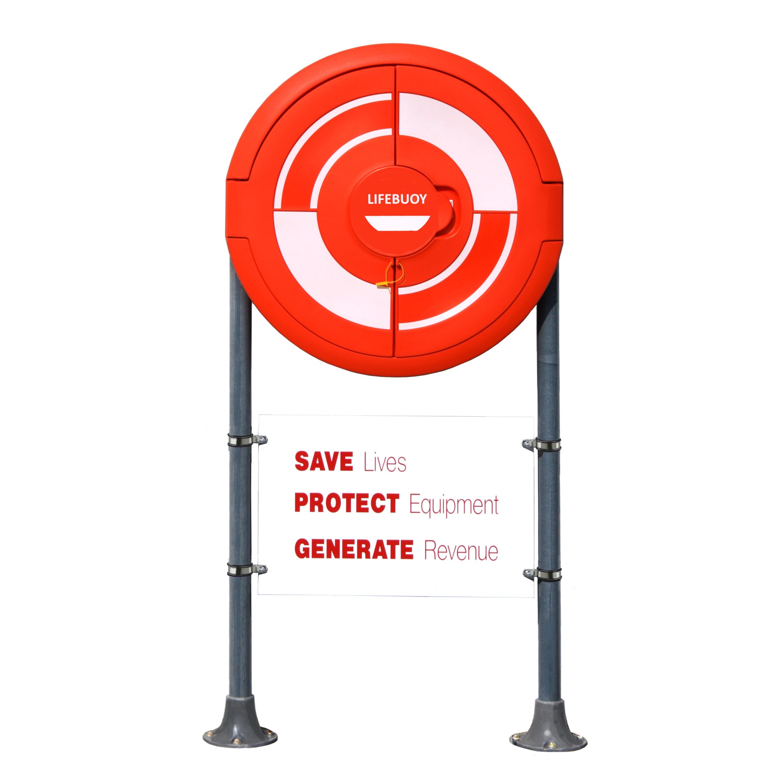 SOS400 30" Lifebuoy housing by Jo Bird. Shown fitted with GRP posts and sign board