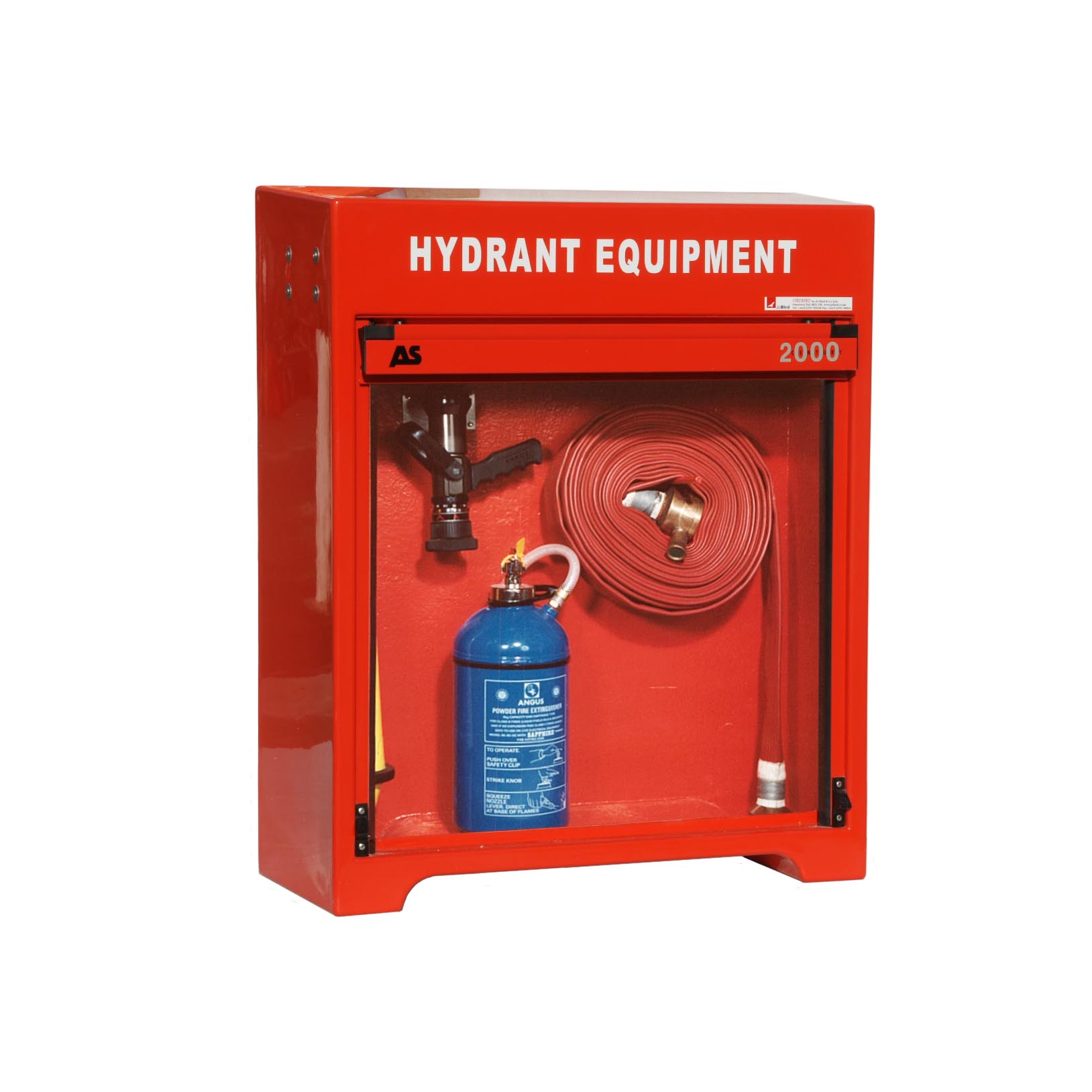 RS100 cabinet by Jo Bird shown with fire fighting equipment inside. This includes a fire hose stored on a hose pin and nozzle on an optional bracket.