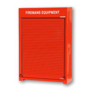 Fire fighter's equipment cabinet shown in red with door closed.