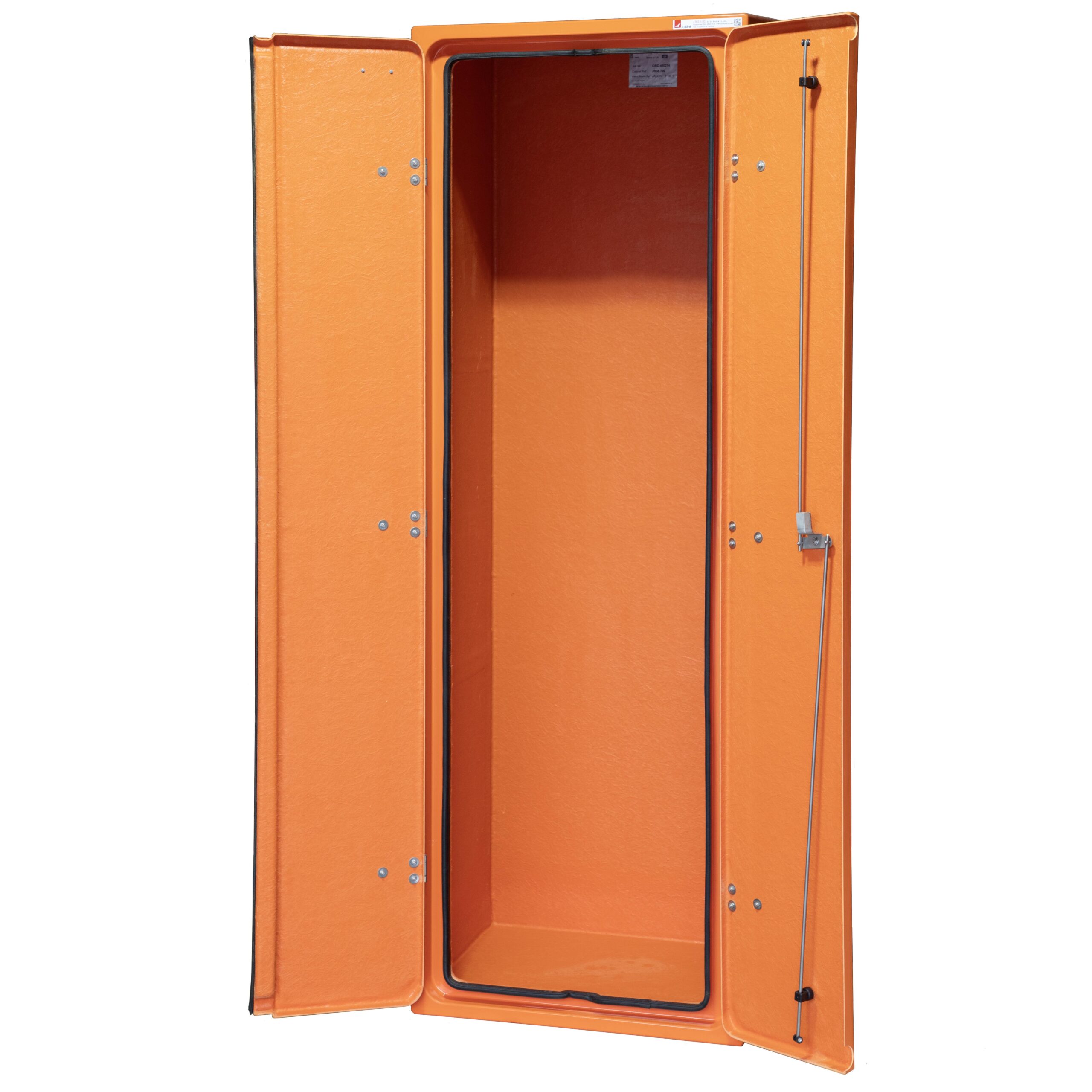 JB38.700 double door cabinet showing the doors in the open position, The 316 stainless steel door locking mechanism can be seen on the right hand door. This interlocks with the left hand door so only one handle is required.