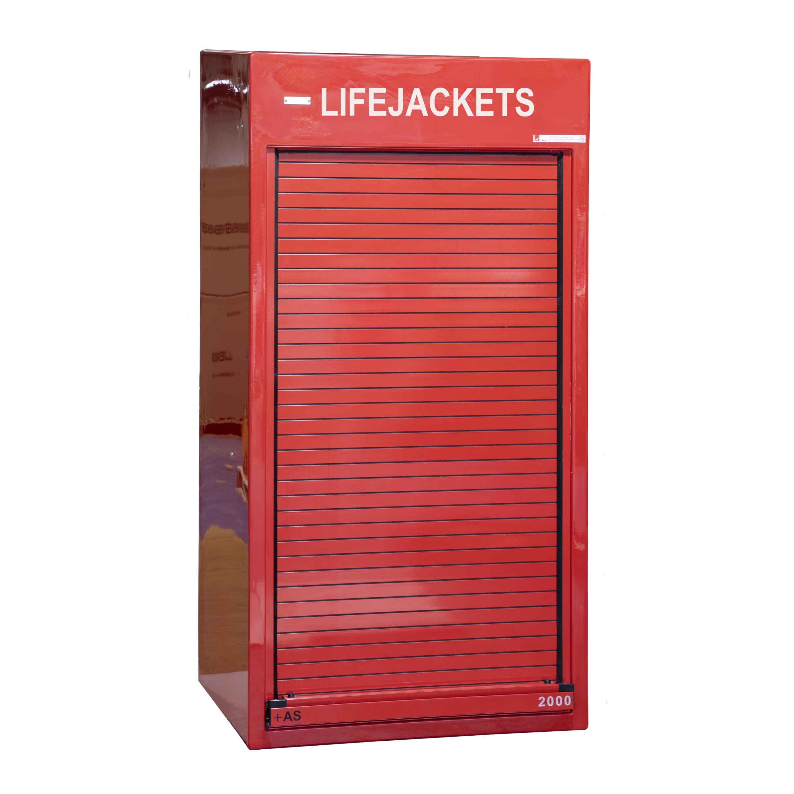 RS550 roller shutter cabinet by JoBird. This version is for lifejackets which can either be hung on GRP saddles or in bags on shelves.