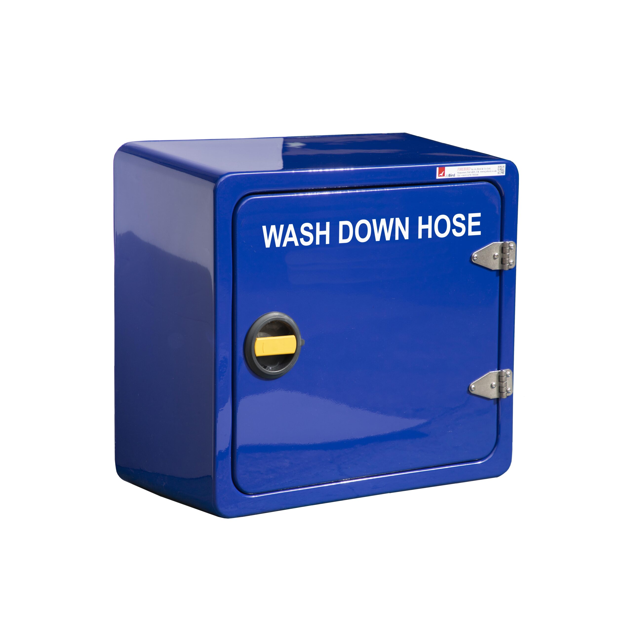 JB85.360H Wash down hose cabinet by Jo Bird. Shown in blue RAL5002. The exterior gelcoat contains UV inhibitors and compliment the excellent ingress protection rating of IP56. The cabinet has both Lloyds and American bureau of shipping approvals.