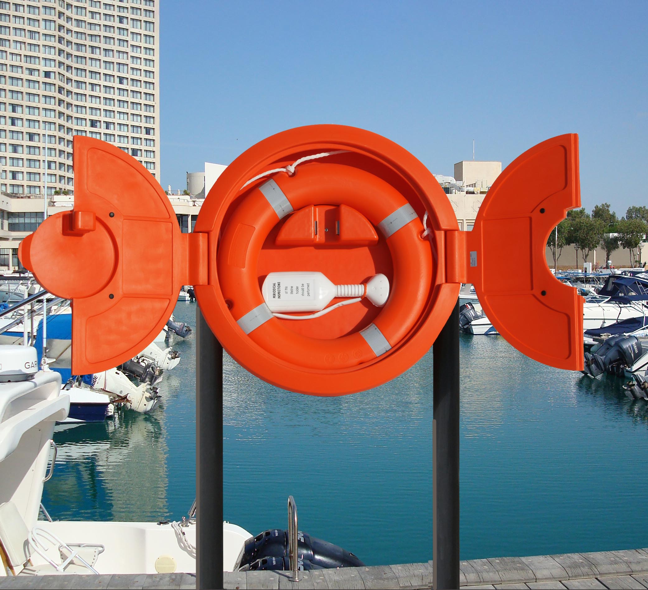 SOS700 with doors open and a 22 inch lifebuoy fitted