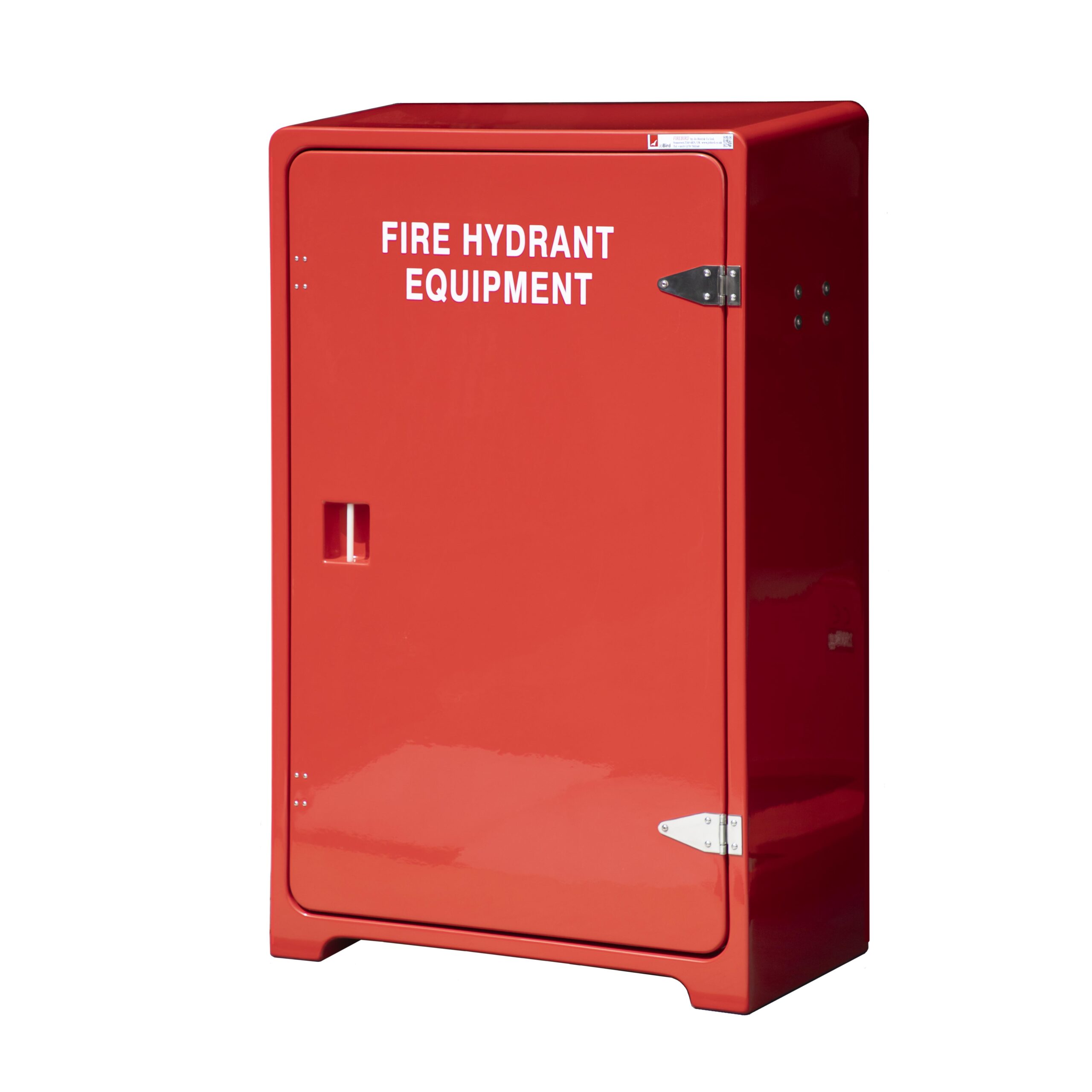 The revised JB08H Fire hose cabinet by Jo Bird. This is shown in the standard red RAL3000 colour with white lettering. The door is in the closed position. This new version features more rounded top corners for improved structural rigidty and no lip above the door. The advantage is it takes up less space in confined spaces but doesn't compromise on the excellent ingress protection rating of IP56.
