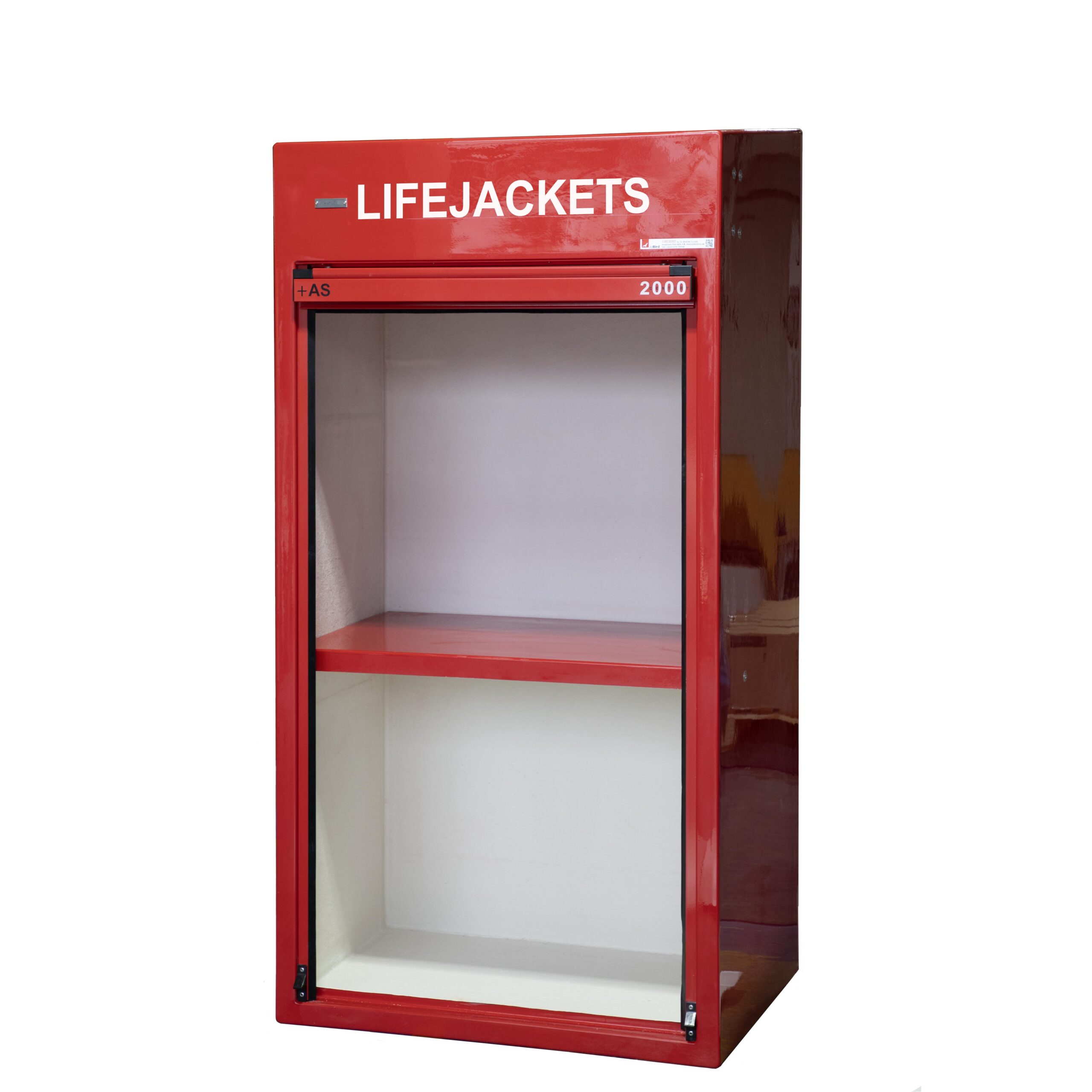 RS550 roller door cabinet by JoBird. This one has the door in the open position and features the optional flame retardant resins and a central shelf