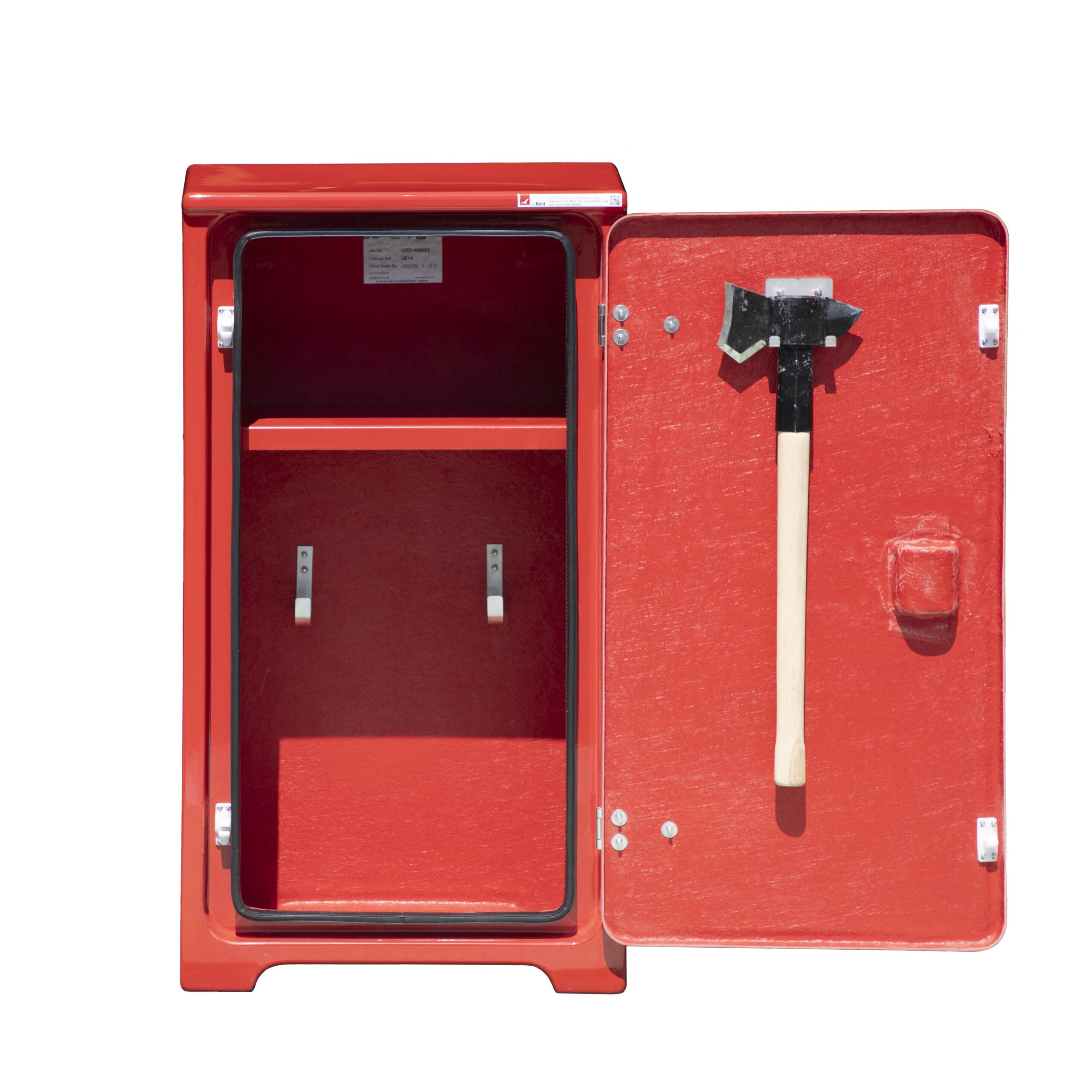 JB14 Helicopter crash rescue equipment cabinet by Jo Bird. This shows the internal layout with a shelf as well as 316 stainless steel brackets to hold the tools in place. Please note the ladder and grabhook would need to be stored outside the cabinet.