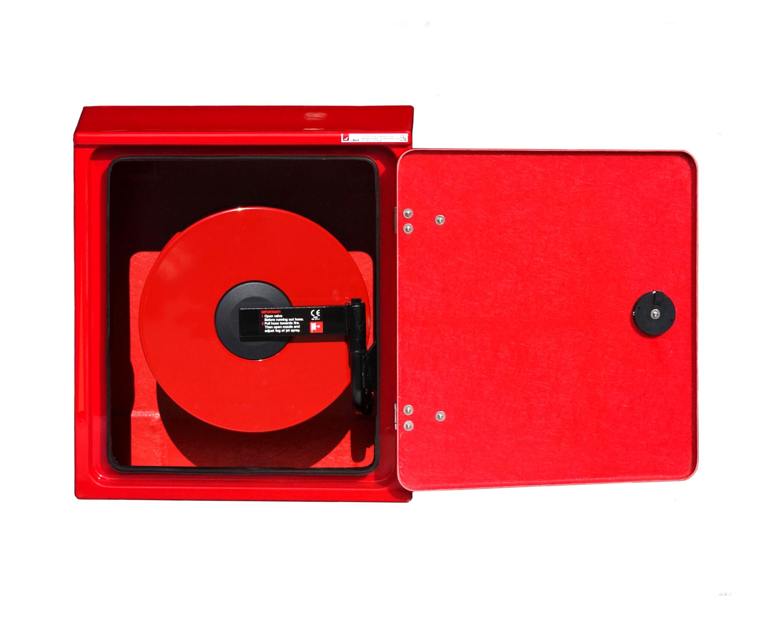 JB02HRS by Jo Bird shown with the door open. Inside can be seen a small fire hose reel assembly bolted to the right hand wall.