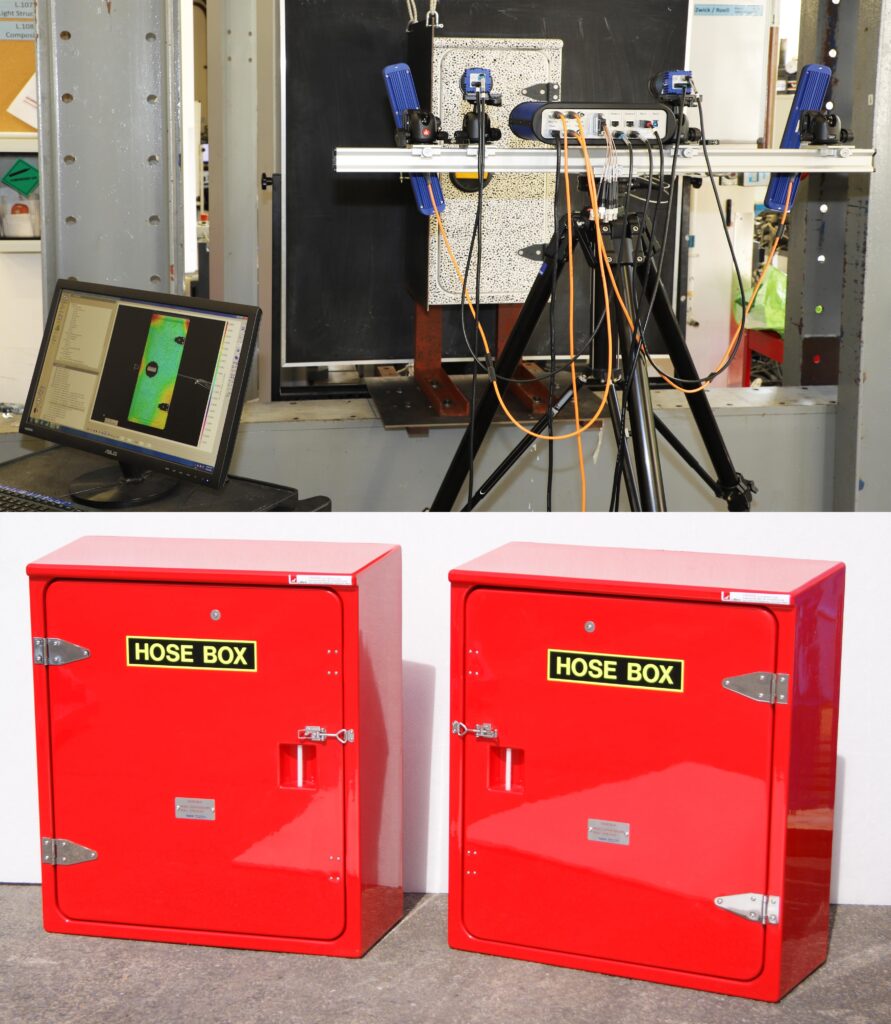 The top image shows a Jo Bird fire exitinguisher cabinet undergoing cyclone wind testing at Bristol University. The lower photo shows cyclone rated fire hose cabinets supplied for a previous Australian project.