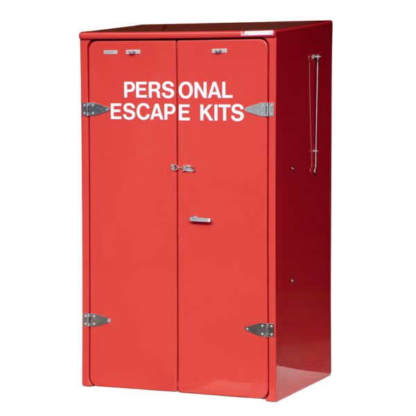 JB18 Double door safety equipment cabinet by JoBird. This example is for personal escape kits and reinforcement for to withstand 45 m/s cyclone wind speeds.