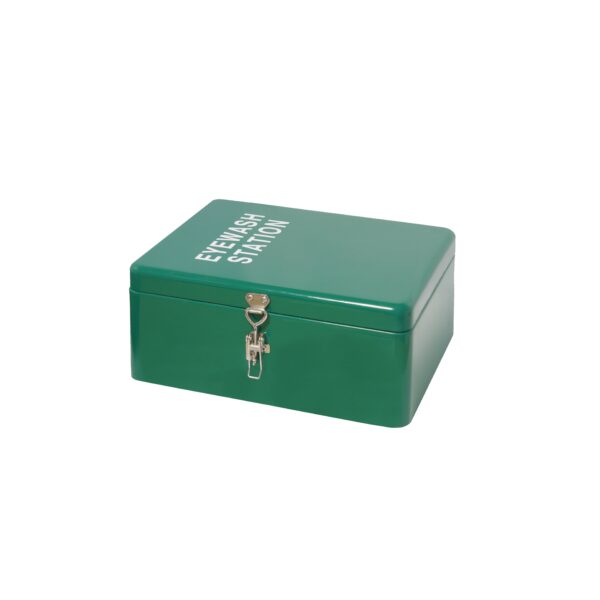 JB62.150 Emergency eye wash cabinet by Jo Bird. This one is in the standard green RAL 6029 with white lettering. It can be horizontally or vertically mounted