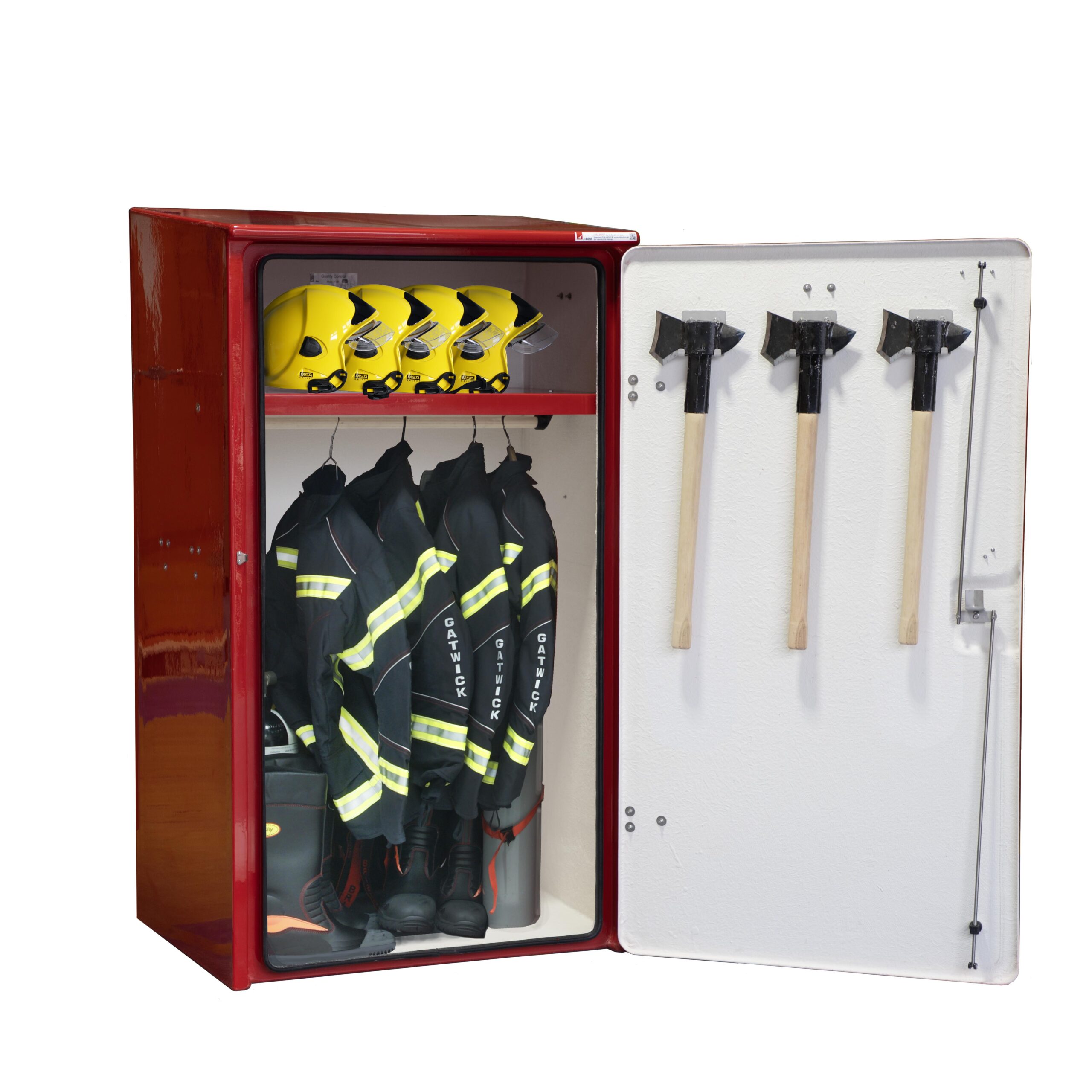 JB18FE Fire equipment cabinet shown with optional fire retardant resins. straps for spare BA bottles and axe brackets