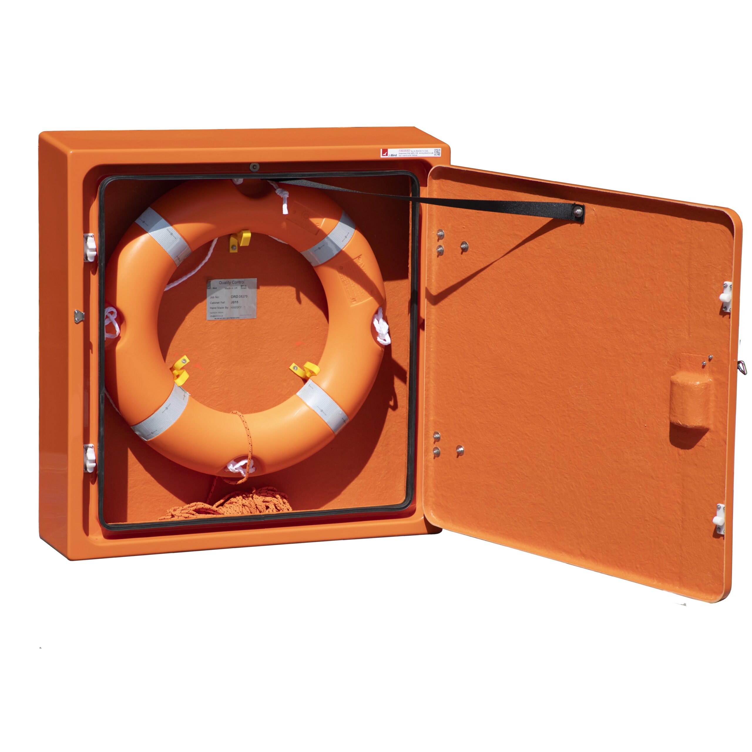 JB15 Lifebuoy cabinet by Jobird. Shows how the lifebuoy is stowed inside.