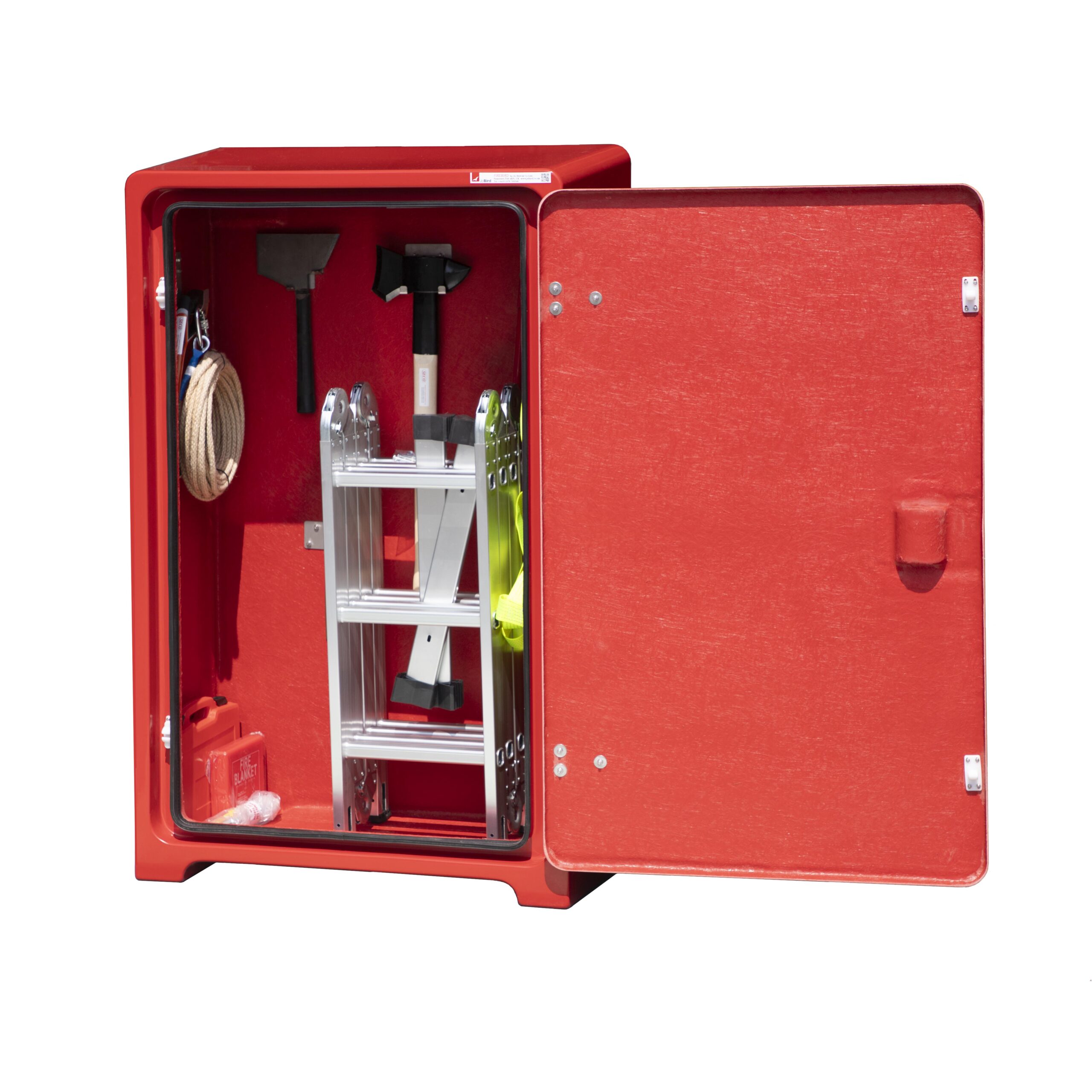 JB08 Helicrash cabinet by Jo Bird. This shows the CAP437 tools fitted to brackets inside the cabinet. Please note the ladder hasn't had the feet fitted and the grab hook would be stored outside the cabinet. The internal arrangement makes it very easy to access all the rescue tools in an emergency. It is widely used near helipads including oil rigs, offshore wind substations. large vessels and hospitals.