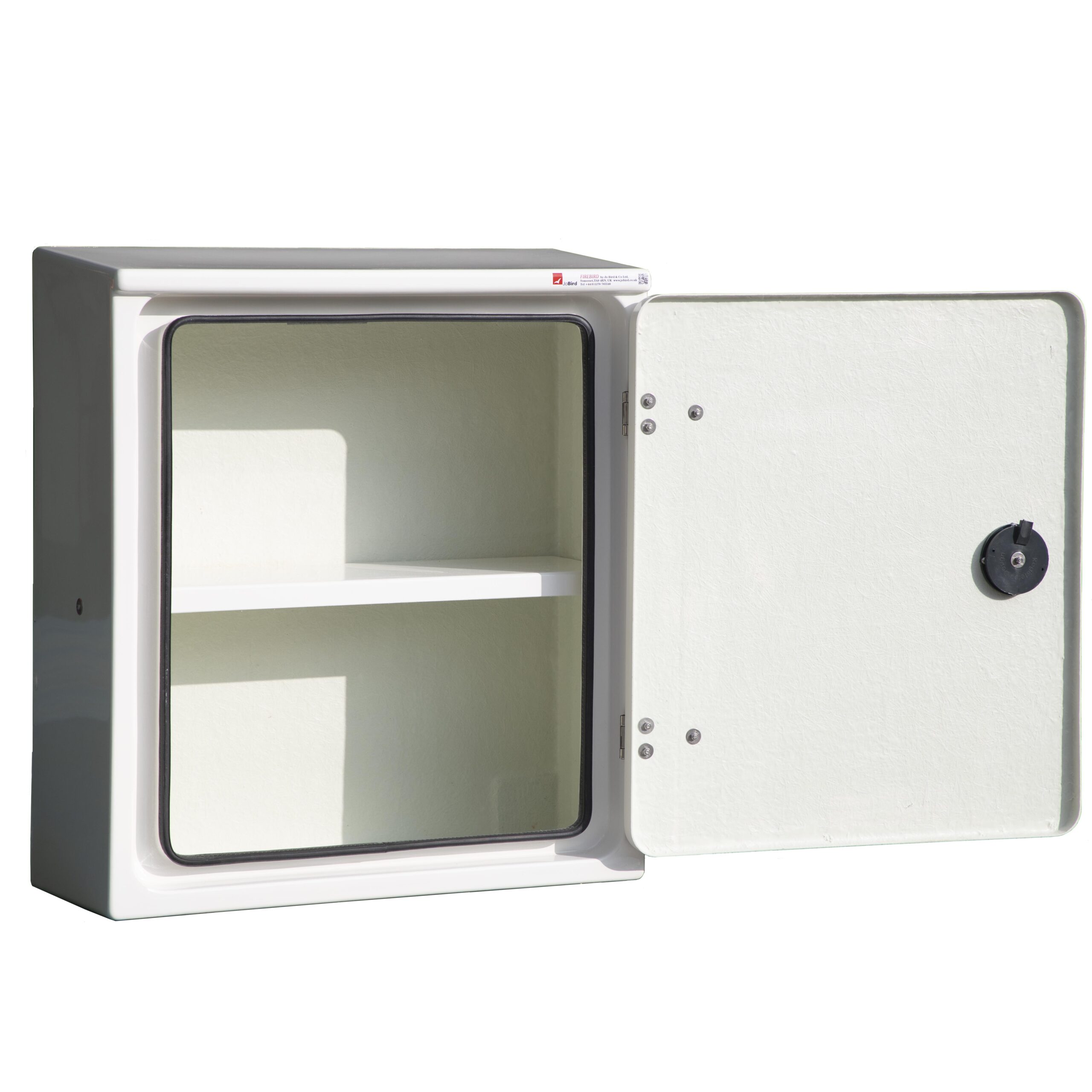 JB02R emergency descent device cabinet with door open to show central shelf