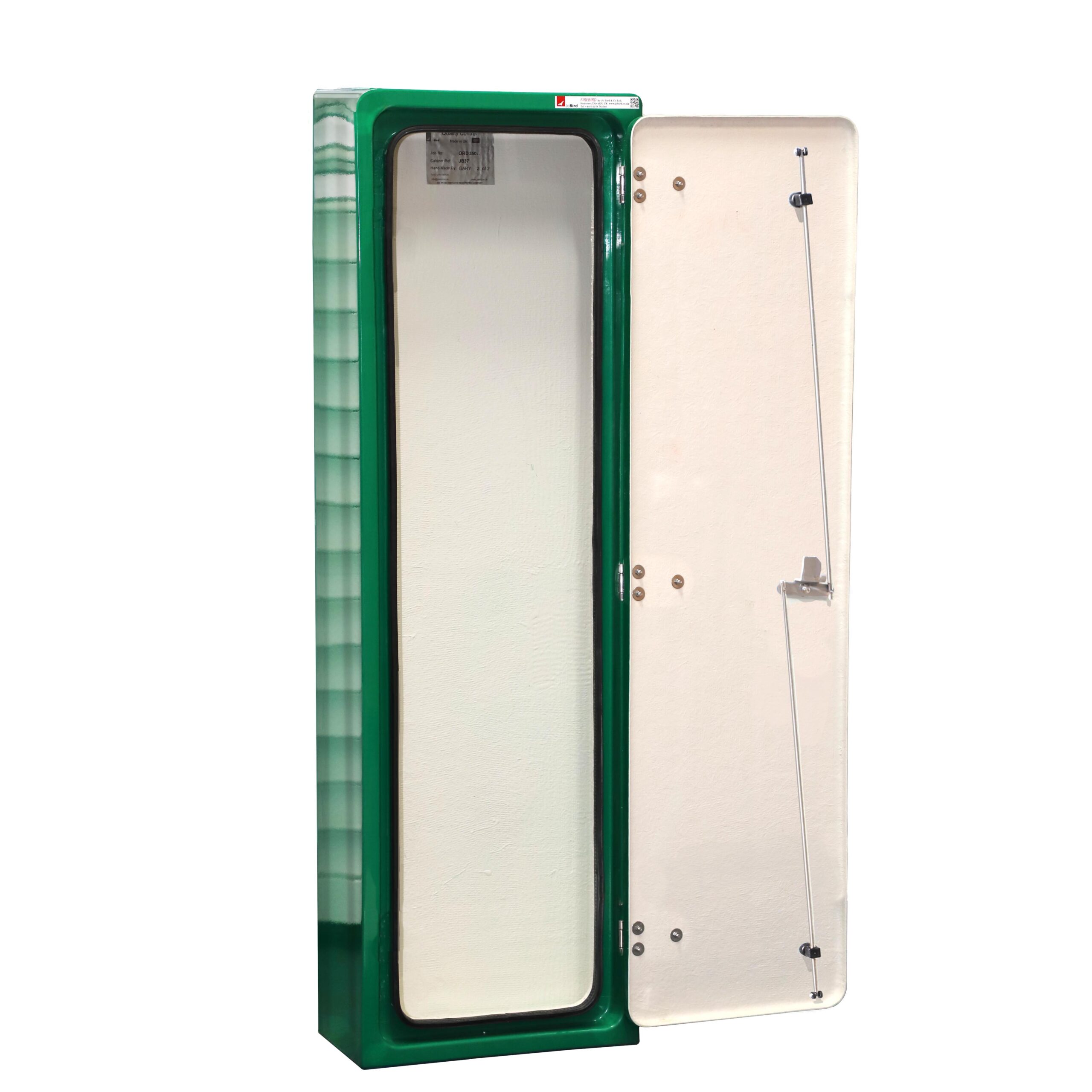 The JB37 Neil Robertson stretcher cabinet by Jo Bird. Shown with the door open and this reveals the EPDM rubber seal and 3 way door locking system.