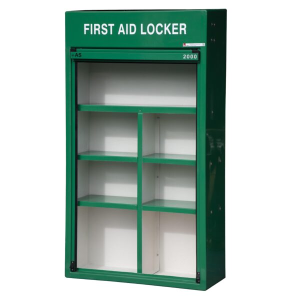RS450FF First aid locker by Jo Bird with the door open to show the internal shelving layout