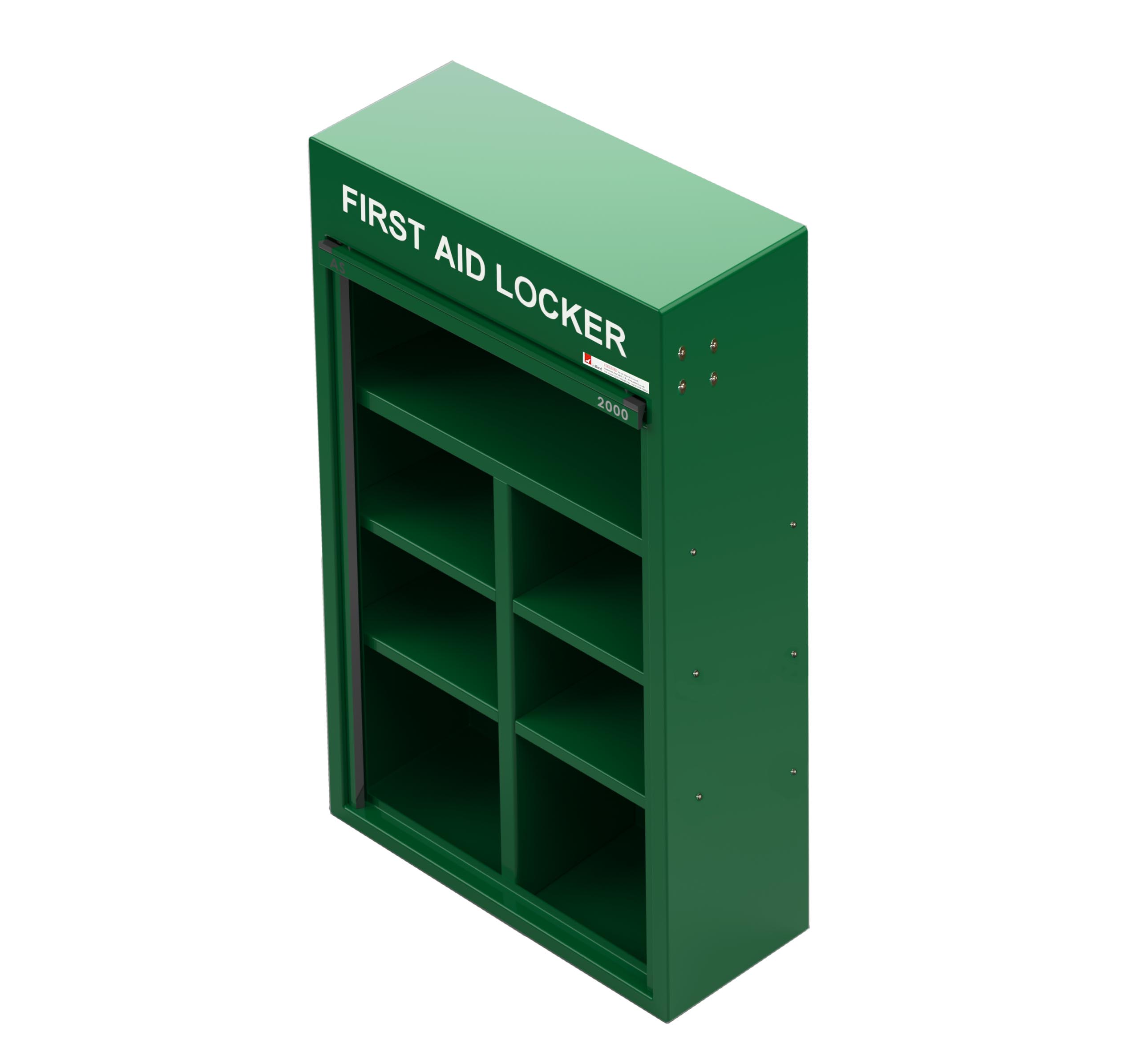 RS450FF-Type A first aid locker by Jo Bird. Shown with roller door in the open position.