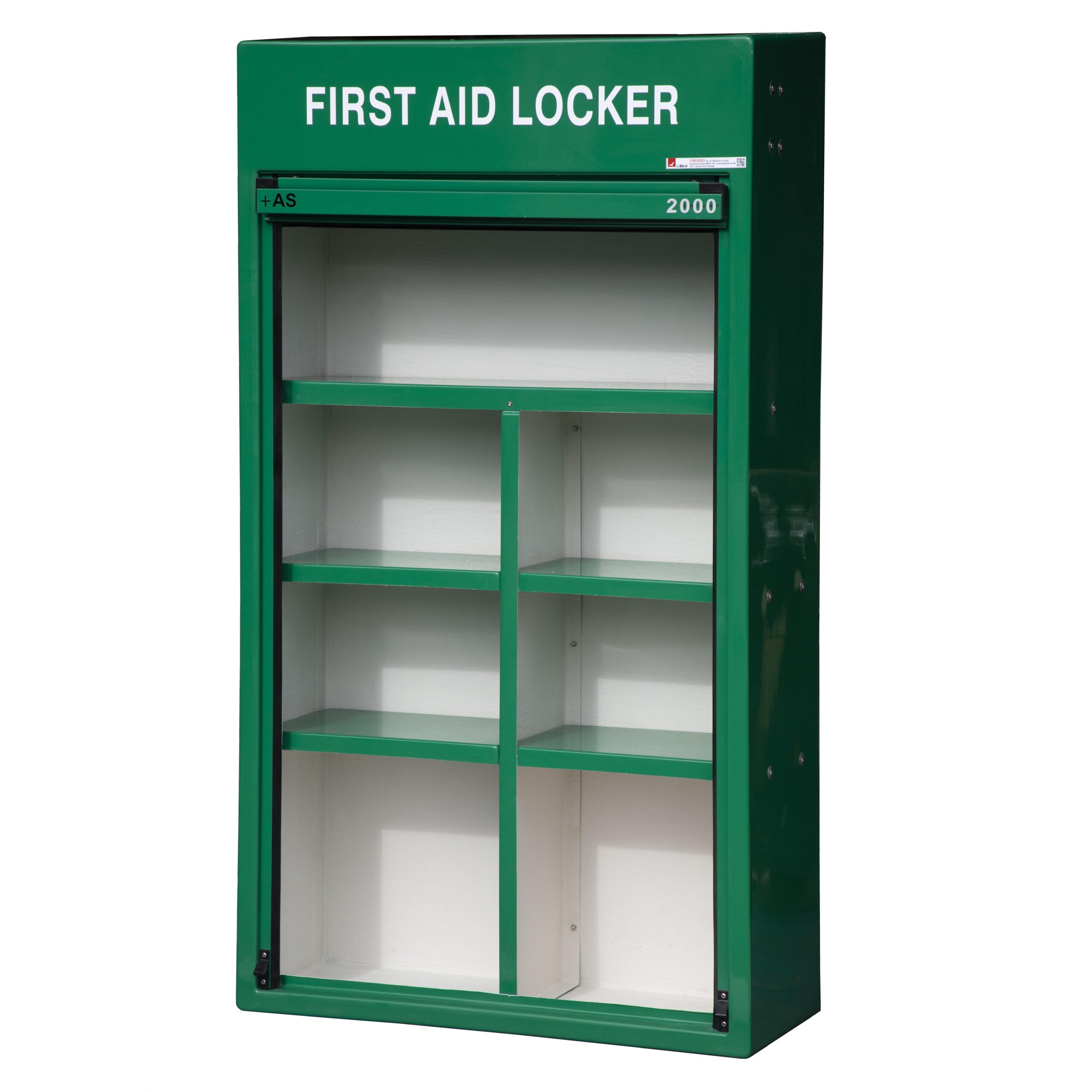 RS450FF First aid locker by Jo Bird with the door open to show the internal shelving layout