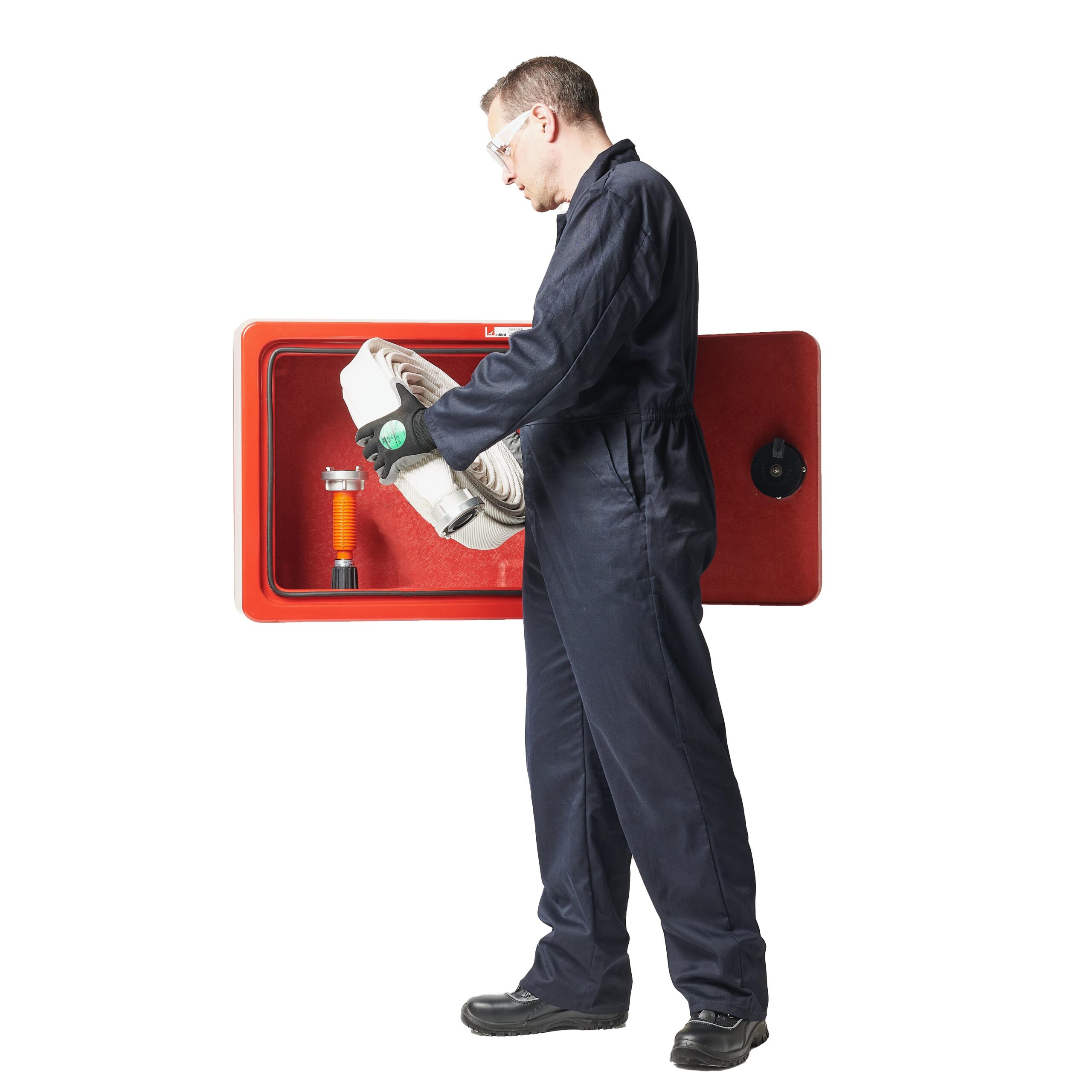 a 25 metre marine fire hose being removed from the JB85 hose cabinet. This photo shows the inside of the door and cabinet body. It also helps to give a sense of scale.