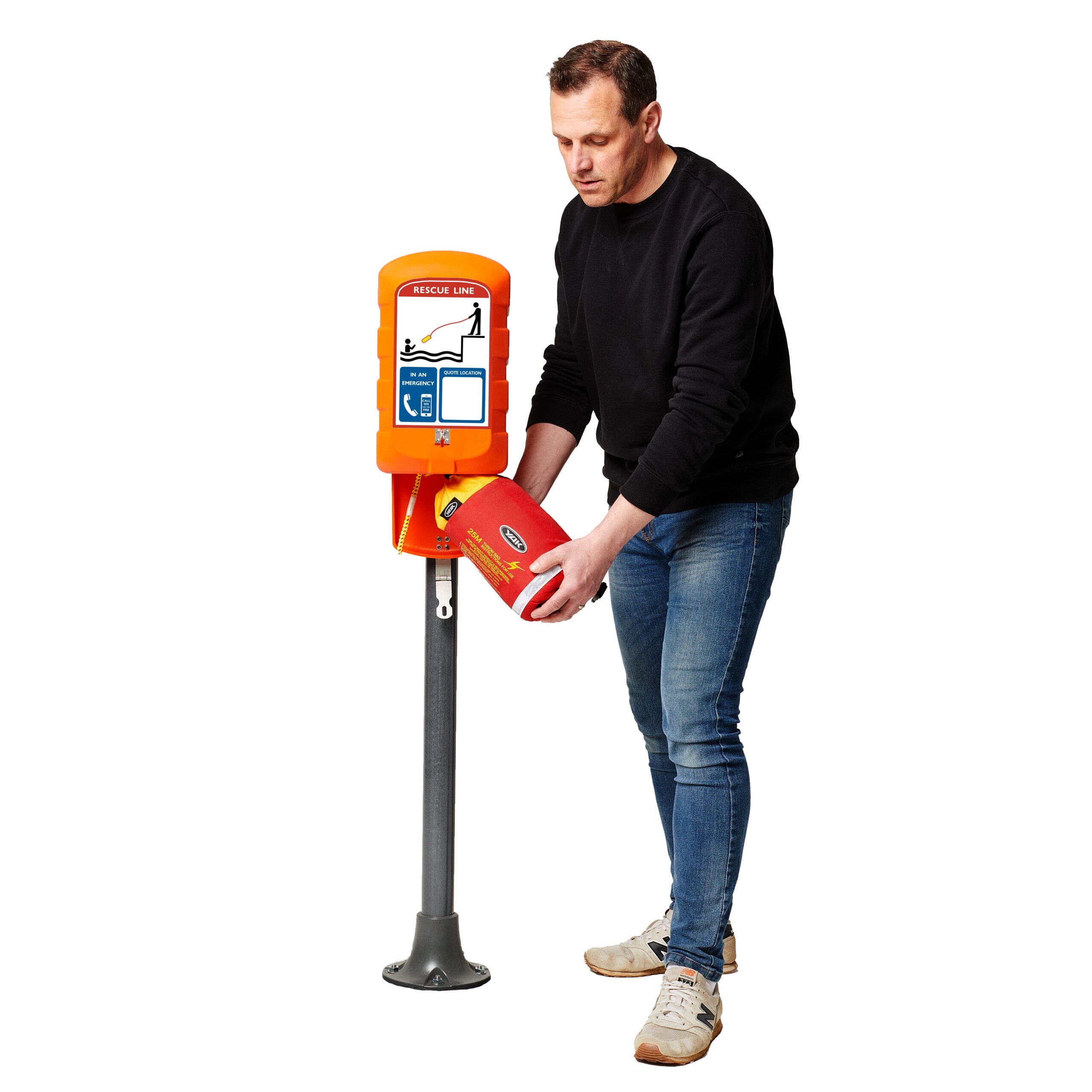 A post mounted SOS603 rescue line cabinet by Jo Bird. This shows the rescue line being released through the opened door in the case of the cabinet. The substantial 316 stainless steel latch assembly is also clearly seen.