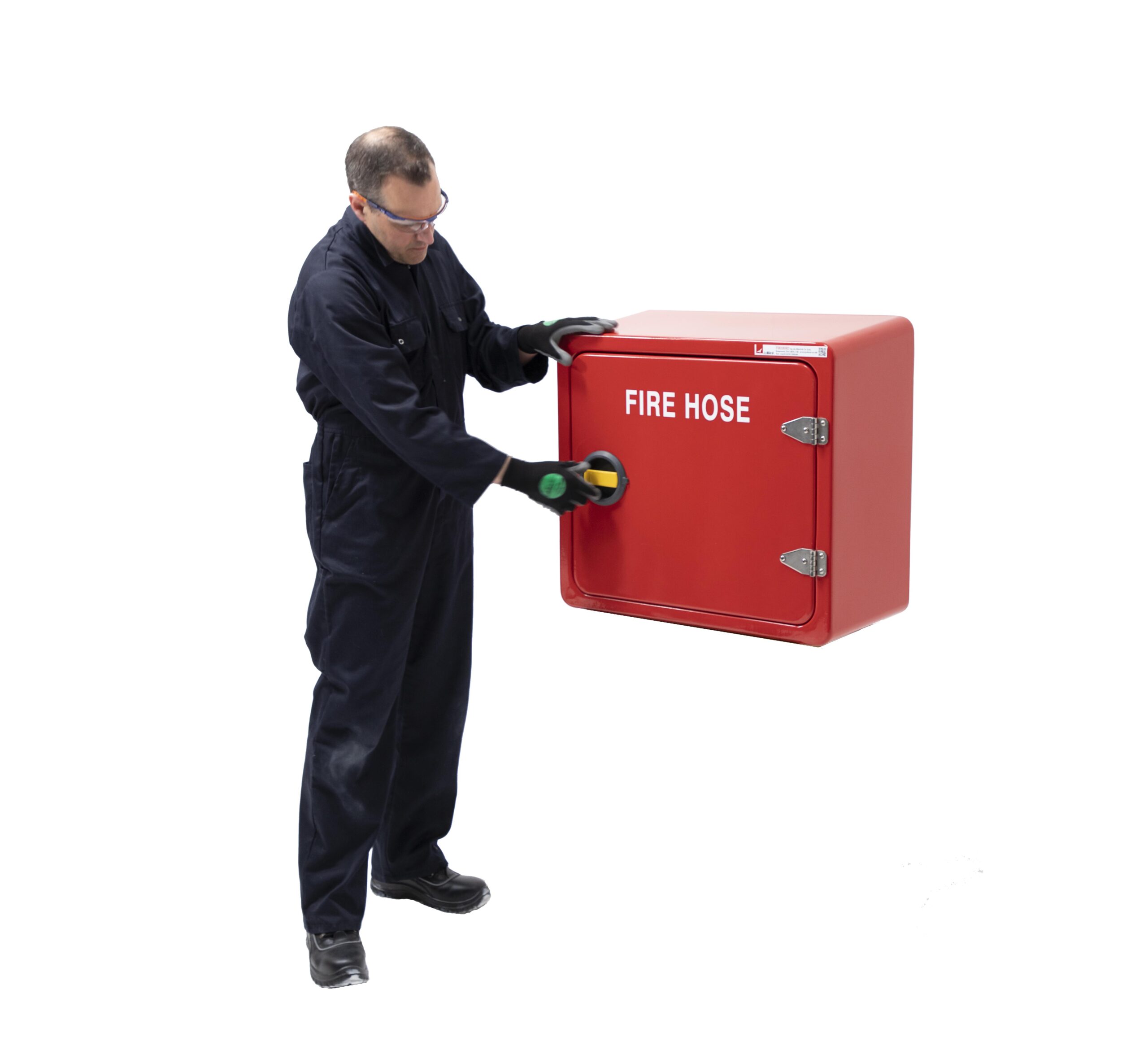 JB85 Fire hose cabinet by Jo Bird. This shows it wall mounted and the rotary handle being turned to open the cabinet. This is very easy and quick to operate which is ideal in an emergency.